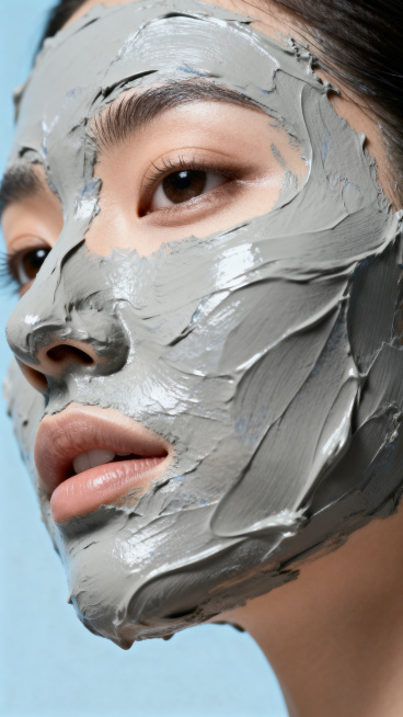 冰川净吸清洁泥膜9:16产品料体细节图，9:16竖版，特写展示泥膜细腻绵密的灰调泥体质地，光泽细腻，涂抹开的泥膜纹理清晰，浅灰蓝色干净背景，高级简约风格，突出泥膜的细腻质感，整体文艺清新专业。预览效果