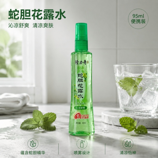 [主图-1] 隆力奇蛇胆花露水首图，真实夏日浴室使用场景。
[氛围风格] 清新凉爽家居氛围，自然明亮，突出干净清爽的实用感。
[画质] 商业摄影质感，光线柔和通透，产品清晰真实，画面干净高级。
[元素预览效果