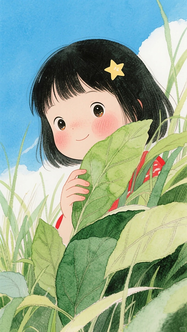 治愈系儿童节主题，小女孩，齐刘海黑发，带有星星发饰，红晕腮红，从茂密草丛中探头，一小部分手指搭在叶片上。背景蓝天白云，前景多层叶片叠加。整体保持水彩质感笔触，人物瞳孔添加星形高光，草叶边缘保留铅笔线稿痕迹。