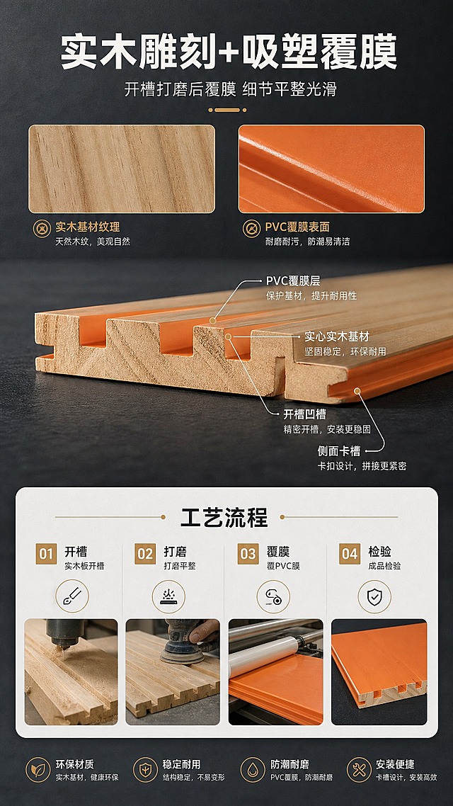 [商品] 使用【图5】截面实拍图、【图4】背面实拍图、【图2】【图3】两个侧面实拍图；保留实木实心基材、木纹肌理、覆膜层与侧面卡槽；商业精修。
[画面] 第3屏产品工艺介绍：采用分层解析式构图。上部约60%为工艺主体展示，中心放置实木格栅放大截面，用细线引线从外到内标出PVC覆膜层、实心实木基材、开槽凹槽、侧面卡槽；左上角放置木纹微距小图，右上角放置覆膜表面微距小图。下部约40%为四步工艺流程横向排列：实木板开槽→打磨平整→覆PVC膜→成品检验，每步配图标。深石墨灰背景配浅石白信息卡，满版无边框。
[视觉] 套系策略：风格=B端建材沉稳大气专业商业摄影；标题字=现代无衬线粗体；正文字=简洁无衬线体；主色=深石墨灰+浅石白；背景延展=深石墨灰与浅石白双图层级渐变，配细腻微水泥与木纹质感；强调色=暖铜金，仅用于小面积图标、引线、序号块和标签；标题色=浅石白；正文色=浅灰；组件=直角细线信息卡、细线引线、序号编号块；光影=硬朗侧顶光+柔和漫射光。
[文字] 主标题"实木雕刻+吸塑覆膜"，副标题"开槽打磨后覆膜 细节平整光滑"；引线标注：PVC覆膜层、实心实木基材、开槽凹槽、侧面卡槽；工艺流程：开槽、打磨、覆膜、检验。文字全部横排。
[规格] 比例9:16，2K分辨率，工艺细节清晰，文字可读。避免变形、错字、模糊、杂乱、水印、平台Logo、塑料感失真。