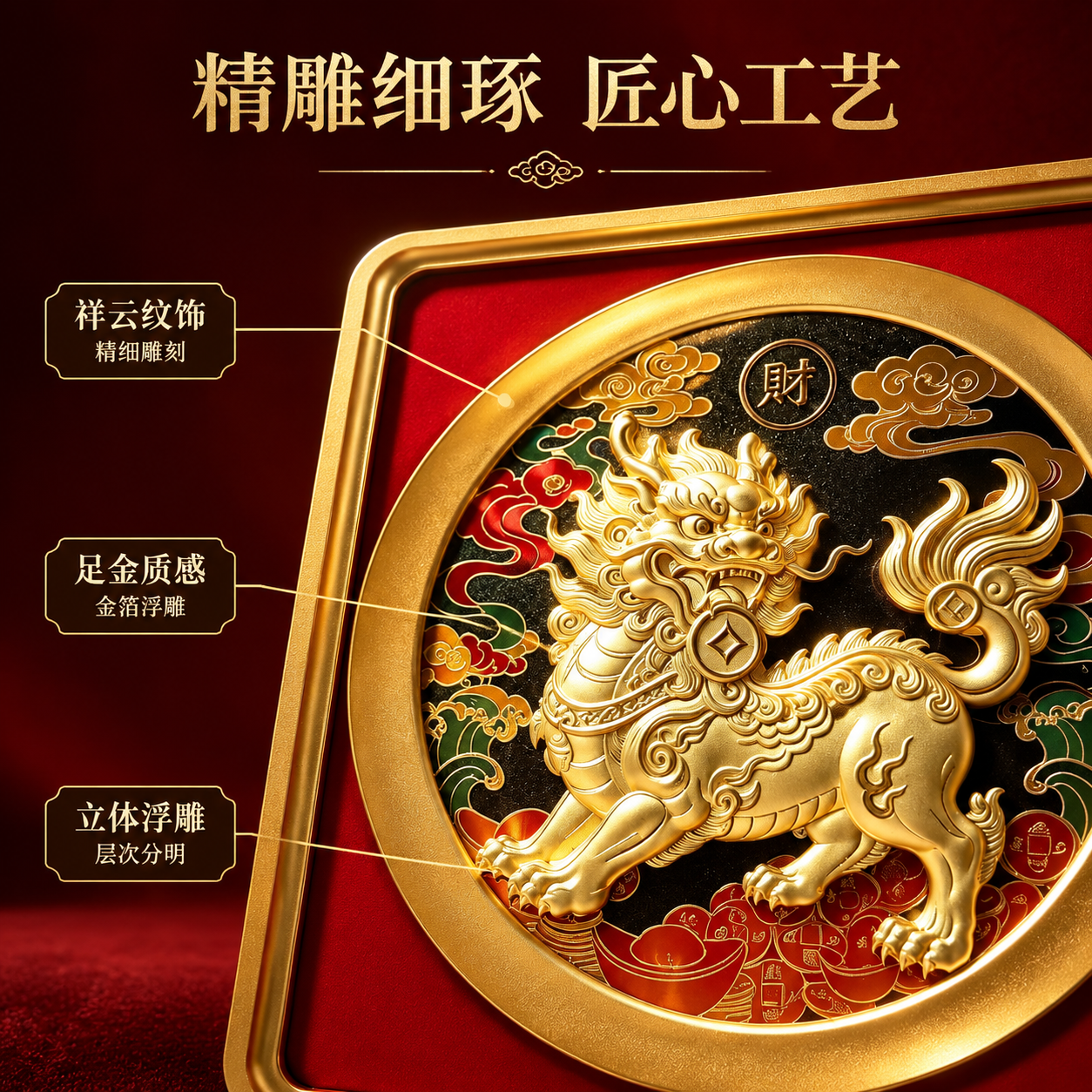 [主图-2] 核心工艺卖点图，展示貔貅浮雕的精雕细刻工艺与金箔… - 图片创意预览