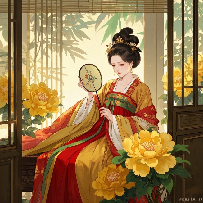 工笔，女生，手持刺绣圆扇，斜倚，明艳动人，恢弘华丽的唐代宫廷场景预览效果