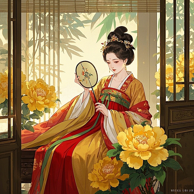 工笔，女生，手持刺绣圆扇，斜倚，明艳动人，恢弘华丽的唐代宫廷场景