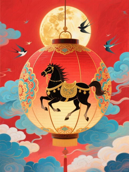 主体是球形宫灯（灯面上绘制披挂鎏金华丽鞍具的黑色奔马图腾和宝相花纹），背景为正红底 + 金色满月，点缀飞燕元素，色调以红、金、青蓝为主预览效果