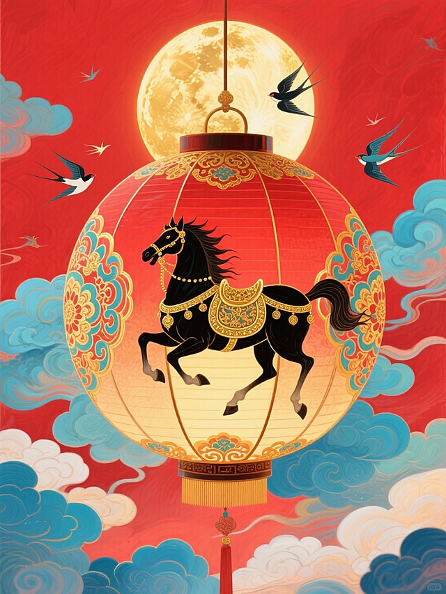 主体是球形宫灯（灯面上绘制披挂鎏金华丽鞍具的黑色奔马图腾和宝相花纹），背景为正红底 + 金色满月，点缀飞燕元素，色调以红、金、青蓝为主