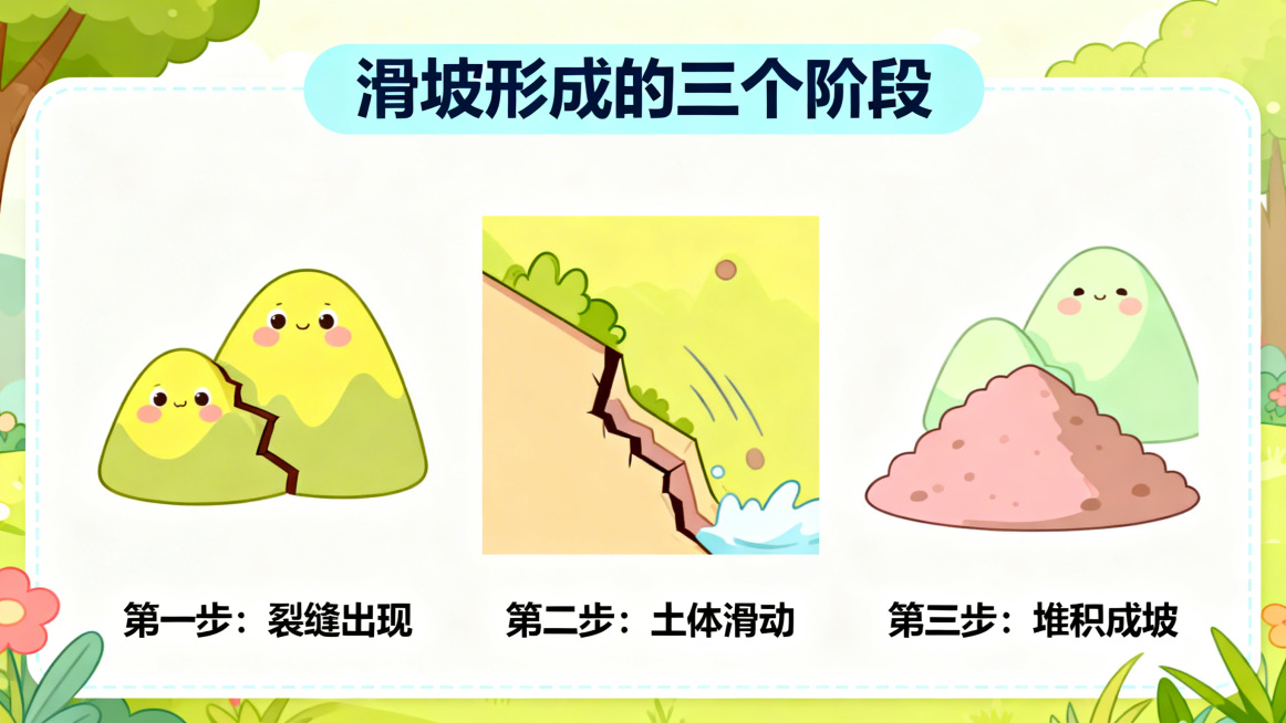 小学生地质灾害科普PPT页，卡通风格，展示滑坡形成的三个阶段：裂缝出现、土体滑动、堆积成坡的示意图预览效果