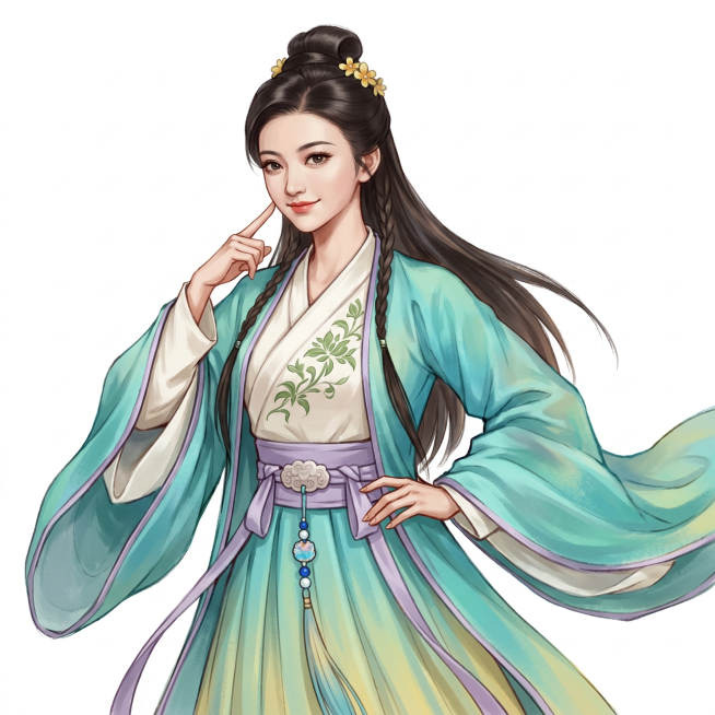 模仿这张图片的比例和画风，绘制金庸小说《天龙八部》中阿朱的形象立绘，人物的动作、姿势、服饰和发型符合原著人物设定，服饰为身着米白色交领中衣，胸前饰青绿色缠枝花卉刺绣；外搭青绿色渐变半透明纱质广袖衫，边预览效果