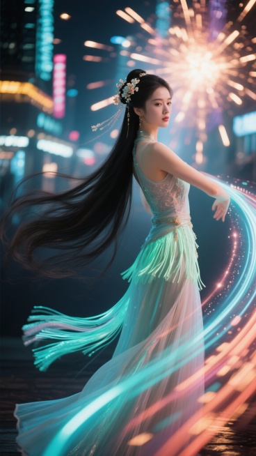 20張分鏡圖提示詞（9:16，32K電影級）
統一設定：25歲仙氣美女，長直黑髮、螢光流蘇長裙、宋代簪花，現代超現實城市夜景（摩天樓+國風霧氣+螢光光暈），無文字，電影寫真風格

0-3秒 Hook预览效果