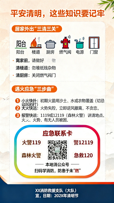 竖版宣传单反面，平安清明消防安全指南，风格和正面统一。顶部橙色标题："平安清明，这些知识要记牢"。内容分为两大板块，图标加短句形式。第一板块：居家外出"三清三关"，配对应小图标：阳台、楼道、厨房、燃气预览效果