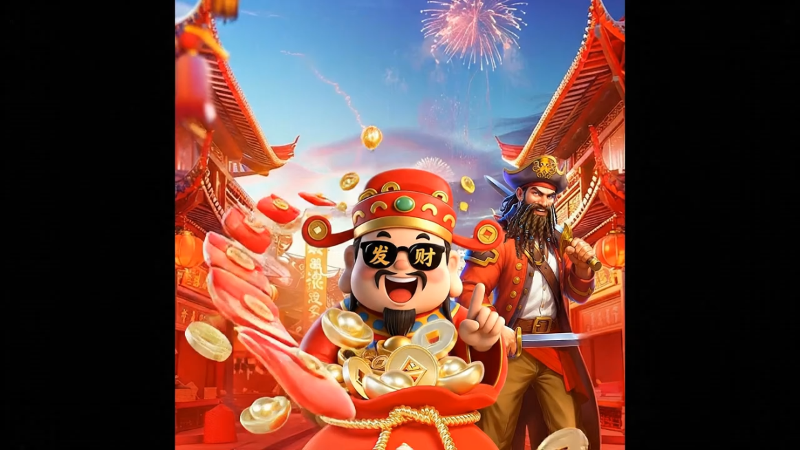 画面中财神的金元宝和红包缓缓飘落，烟花持续绽放，背景古街灯笼闪烁，海盗形象轻微晃动，营造热闹喜庆的氛围预览效果