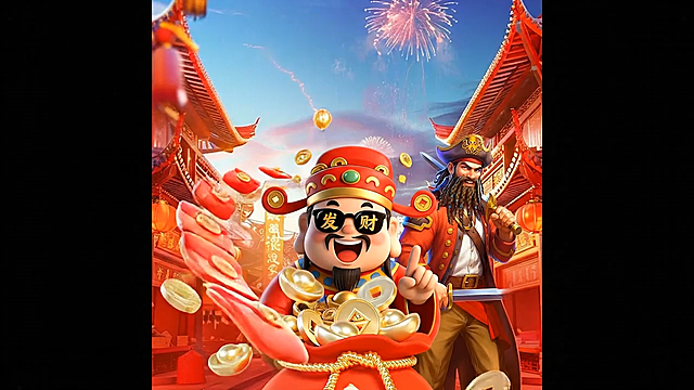 国潮风插画，融合卡通与软3D质感，财神戴墨镜举金元宝，海盗持剑举杯，烟花红包飞舞，喜庆爆裂，春节氛围拉满。