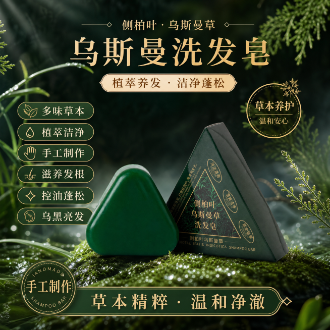 乌斯曼洗发皂，整体展示产品和包装盒，墨绿森林风格，融合所有卖点：多味草本、植萃洁净、手工制作、滋养发根、控油蓬松、乌黑亮发，拼多多1:1商品主图预览效果