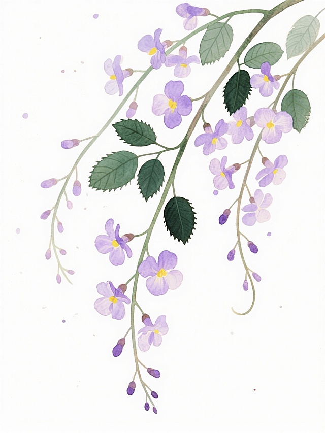 水彩风格插画，以纯白色为背景，画面中是一簇自然垂落的紫藤花，藤蔓呈优雅的曲线延伸，点缀着多朵盛开的紫藤花，花瓣呈现淡雅的紫色渐变，花心为明亮的黄色，搭配深绿色的椭圆形叶片，叶片边缘有细致的锯齿纹理，整体色调清新柔和，笔触保留了水彩特有的透明晕染效果和自然的水渍纹理，藤蔓、花朵和叶片的布局疏密有致，呈现出轻盈灵动的自然美感。