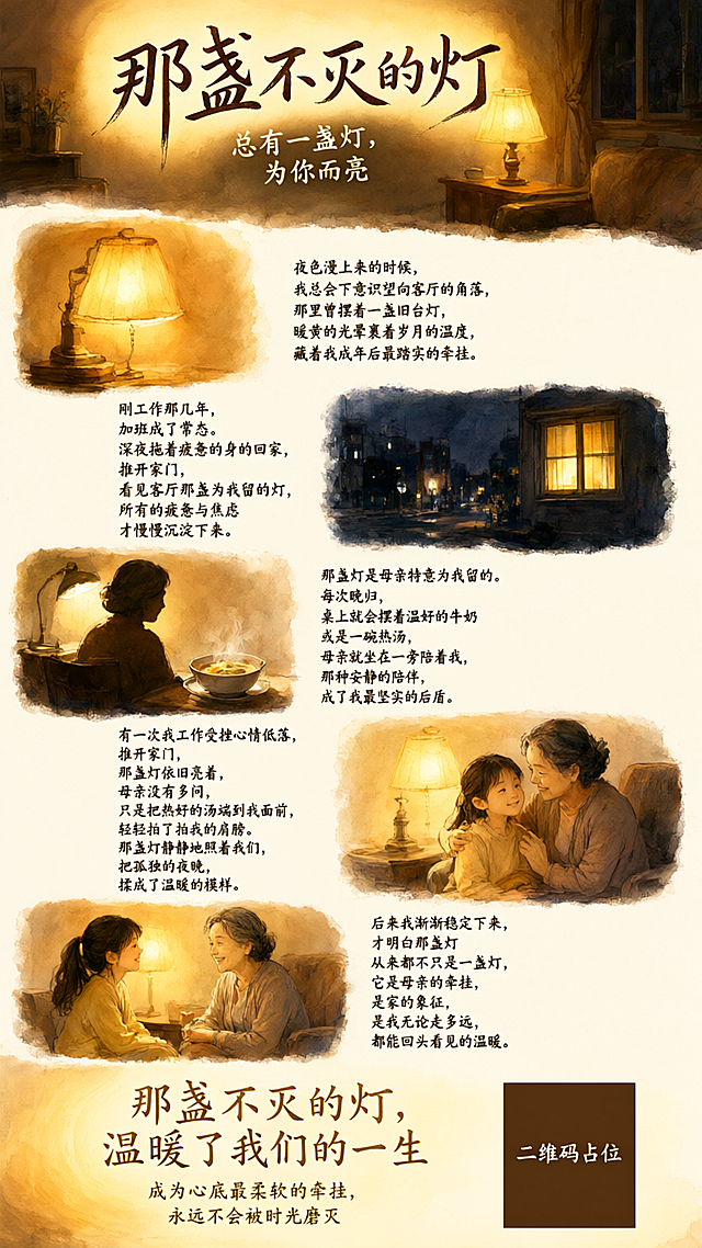 一张公众号图文长图海报，竖版9:16比例，主题为「那盏不灭的灯」，温馨治愈的母爱亲情散文风格。手绘水彩质感，暖黄色调为主，整体氛围温暖柔和。

画面结构（从上到下纵向长图布局）：

【顶部 - 标题区】
大字号主标题："那盏不灭的灯"，字体优雅有温度，下方小字副标题："总有一盏灯，为你而亮"。背景是夜晚客厅一角，一盏旧台灯散发暖黄色光晕，光线柔和朦胧，营造岁月静好的氛围。

【第一段落区】
配文："夜色漫上来的时候，我总会下意识望向客厅的角落，那里曾摆着一盏旧台灯，暖黄的光晕裹着岁月的温度，藏着我成年后最踏实的牵挂。" 文字排版优雅，左侧或右侧配小插图：台灯的暖光特写。

【第二段落区】
配文："刚工作那几年，加班成了常态。深夜拖着疲惫的身躯回家，推开家门，看见客厅那盏为我留的灯，所有的疲惫与焦虑才慢慢沉淀下来。" 配小插图：深夜城市街道的灯火与家中暖灯的对比。

【第三段落区】
配文："那盏灯是母亲特意为我留的。每次晚归，桌上总会摆着温好的牛奶或是一碗热汤，母亲就坐在一旁陪着我，那种安静的陪伴，成了我最坚实的后盾。" 配小插图：母亲坐在灯下的身影剪影，桌上一碗热汤冒着热气。

【第四段落区】
配文："有一次我工作受挫心情低落，推开家门，那盏灯依旧亮着，母亲没有多问，只是把热好的汤端到我面前，轻轻拍了拍我的肩膀。那盏灯静静地照着我们，把孤独的夜晚，揉成了温暖的模样。" 配小插图：灯下母女相依的温馨画面。

【第五段落区】
配文："后来我渐渐稳定下来，才明白那盏灯从来都不只是一盏灯，它是母亲的牵挂，是家的象征，是我无论走多远，都能回头看见的温暖。" 配小插图：长大的女儿陪母亲坐在灯下聊天。

【底部 - 结尾金句区】
大号金色文字："那盏不灭的灯，温暖了我们的一生"，下方小字："成为心底最柔软的牵挂，永远不会被时光磨灭"。底部配一盏灯的光晕渐隐效果，余韵悠长。

整体设计要求：
- 版式精美，图文穿插，阅读节奏舒适
- 暖黄色、米白色、深棕色为主色调，温馨治愈
- 手绘水彩风格的插图，柔和细腻
- 所有文字清晰可读，字体优雅
- 画面中所有信息区域必须填充完整合理的内容，不得出现空白框或占位
- 画面中所有二维码区域使用纯色方块占位符呈现，方块中央标注"二维码占位"文字，严禁生成任何可识别的二维码图案
- 底部右下角有一个小的二维码占位方块
- 分辨率1K，竖版长图比例9:16