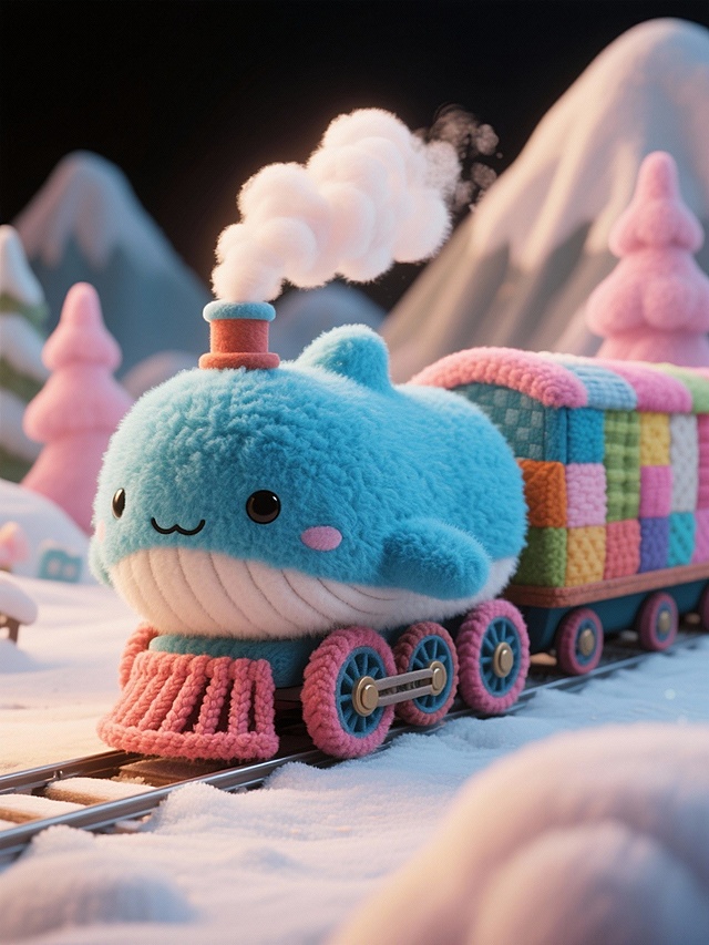 软3D风格的毛绒鲸鱼火车，拟人化设计萌趣十足，搭配针织质感车厢与雪景，营造梦幻温馨的冬日童话氛围。