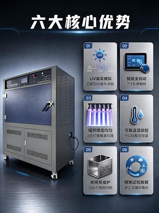 [商品] 使用【图3】QUV紫外线加速老化试验箱（关门侧面视角）；保留灰色机身、蓝色箱门、黑色把手、侧面散热孔、顶部控制面板、底部万向轮、品牌标识，不改变设备结构和颜色。
[画面] 目标：核心卖点总览，6大优势卡片式展示。版式：左1大产品图+右2列3行共6张小卡片瀑布流，产品占左侧约45%，右侧6个卖点卡片错落排布。背景为浅灰蓝工业风，带细微网格纹理。
[视觉] 套系策略：风格=深色工业科技风，专业严谨商业摄影；标题字=粗黑无衬线工业字体；正文字=简洁无衬线体；主色=深灰蓝+金属银灰；背景延展=深蓝灰渐变+细腻金属拉丝纹理+科技网格线；强调色=紫外蓝（#00BFFF），仅用于小面积图标、引线、光效和标签高亮；标题色=纯白；正文色=浅灰蓝；组件=圆角金属质感信息卡、细蓝线引线、胶囊形卖点标签；光影=左前侧冷硬光+内部紫外蓝光自发光。
[文字] 顶部大标题"六大核心优势"，6个卡片分别为：1."UV真实模拟 匹配阳光紫外波段" 2."智能全自动 7寸彩屏触控" 3."辐照稳定均匀 8支灯管精准可调" 4."可靠温湿双控 PID自整定控温" 5."耐用易维护 304不锈钢内胆" 6."精准试验数据 多工况循环模拟"，每个卡片配对应小图标，文字横排。
[规格] 比例3:4竖版（宽750高1000），分辨率4K，quality=medium，负向提示：避免连续同构、icon宫格纯白底、文字过小、设备变形、错字。