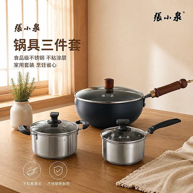 锅具套装，严格参照上传第一张产品图，完整保留所有可见组件、部件、轮廓形状、结构、比例、材质质感、颜色与第一张产品图完全一致，完整保留产品本体上全部品牌文字信息。
日式原木厨房室内桌面一角，温馨暖棕原木自然色调。
保留参考图第二张的骨架：左侧标题文字区，右侧产品展示区，底部两个圆形线框线性图标卖点模块，右上角保留品牌logo；还原参考图侧窗自然光晨光方向，柔和漫射侧光，产品受光面泛起暖棕原木色，暗部映射浅米色光晕，与环境物理融合。
产品居中偏右错落摆放，全部平稳接触桌面不穿模不遮挡，近景中景，微俯25度视角，相对参考图偏转20度。
全量换款清单：①产品主体：参考图拼接砧板刀具套装 → 生成图张小泉三套锅具组合（炒锅+双奶锅），保留原组合摆放结构；②绿植：参考图花瓶绿植尤加利 → 生成图浅色陶瓷花瓶配新鲜迷迭香；③桌面承载：参考图浅色实木餐桌 → 生成图浅胡桃实木餐桌，同实木保持不变换纹理；④背景墙面：参考图浅米色墙面保留不变；⑤窗帘/窗框：参考图左侧原木窗框窗帘 → 生成图左侧原木半透纱帘窗框，保持侧窗采光结构不变；⑥织物：参考图右下角米色棉麻餐巾 → 生成图右下角米色棉麻餐布，同织物换纹理；⑦卖点图标：保留底部两个圆形线框位置，线性图标风格不变，卖点自动匹配锅具，添加对应卖点文字说明；⑧品牌文字：保留左侧品牌名称+产品标题+卖点文字排版结构，文字内容替换为"張小泉
锅具三件套
食品级不锈钢 不粘涂层
家用套装 烹饪省心"，右上角保留张小泉品牌logo。
参数：4K分辨率，严格锁定宽高比为1:1。日式简约原木厨房风，真实自然场景，适配国内电商。