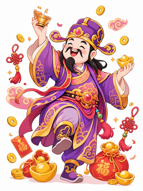 Q版卡通财神，国潮插画风格，和参考图风格一致，财神穿紫色系服饰，做举杯庆祝动作，周围散落金元宝铜钱和招财元素，喜庆吉祥，配色和姿势和参考图以及生成的第一张都不同预览效果