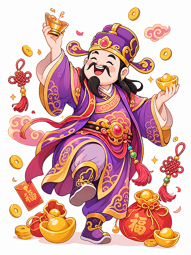Q版卡通财神，国潮插画风格，和参考图风格一致，财神穿紫色系服饰，做举杯庆祝动作，周围散落金元宝铜钱和招财元素，喜庆吉祥，配色和姿势和参考图以及生成的第一张都不同