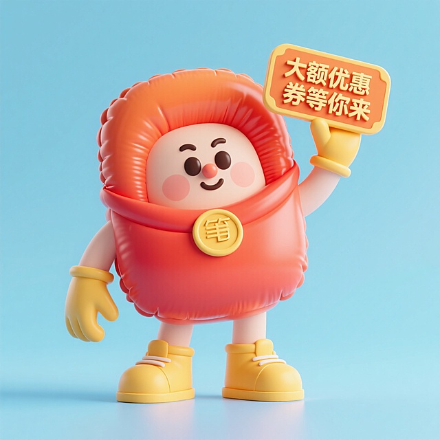 一个橙红色渐变的红包拟人卡通充气形象，它戴着黄色手套和鞋子，手举 “大额优惠券等你来” 立体牌，造型活泼可爱，淡蓝色背景
