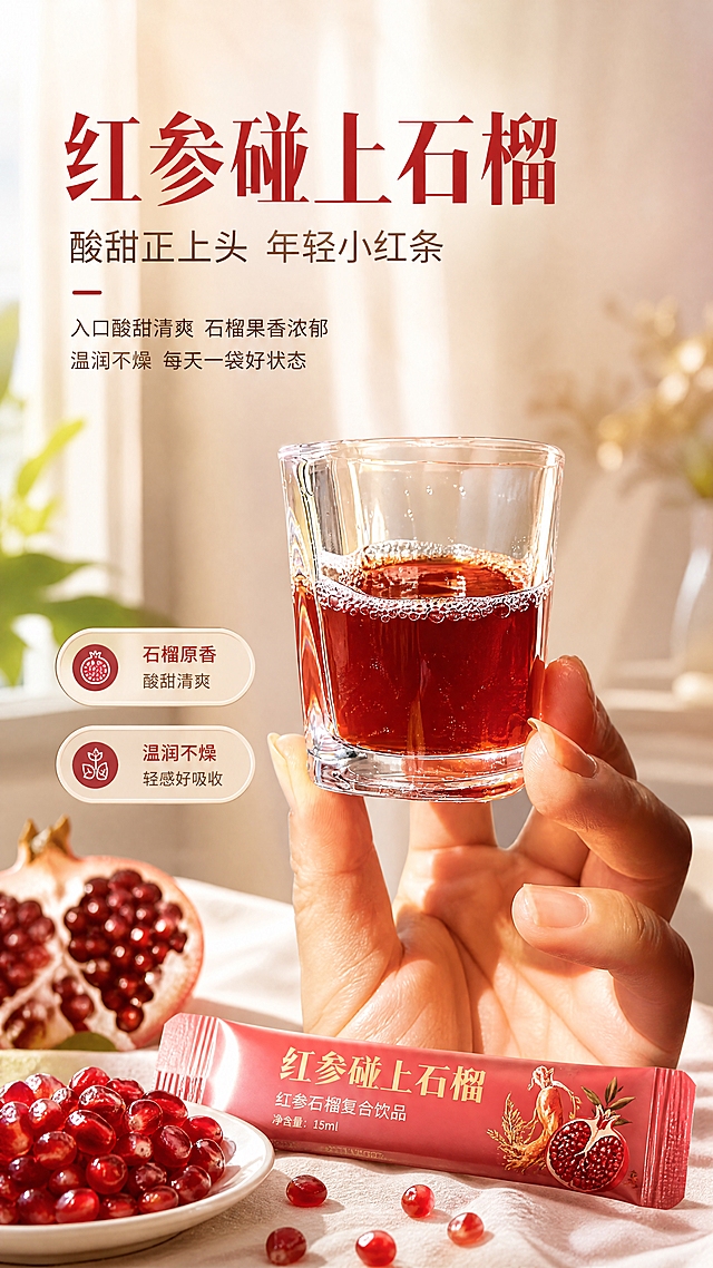 [商品] 使用【图7】手持玻璃杯红石榴汁饮品图；保留玻璃杯中的红棕色液体、泡沫质感与手部姿态；商品处理：增强液体通透感与色泽饱和度，强化气泡与泡沫质感，不改变杯子形状与手部比例。
[画面] 目标：口感质地+饮用动作页，突出酸甜口感与饮用体验。构图：中景特写，一只手优雅地持握玻璃杯，杯中红石榴汁色泽红润透亮，表面有细腻泡沫，液体有流动感；旁边放着撕开的条袋包装与新鲜石榴籽。背景为柔化的居家窗边场景，暖光洒落。画面有动态感，仿佛刚倒好的饮品。
[视觉] 套系策略：风格=温润滋补高级食品商业摄影；标题字=粗黑体带衬线气质、厚重有力；正文字=简洁无衬线体；主色=石榴红+暖米白；背景延展=基于暖粉、米白做深浅渐变、柔光层次和细腻纸张/织物质感；强调色=深酒红，仅用于小面积图标、引线和标签底纹；标题色=深石榴红；正文色=暖棕灰；组件=圆角浅底信息卡、细线引线、胶囊形卖点标签；光影=侧逆光勾勒液体轮廓，正面补光均匀，玻璃有高光反射。
[文字] 顶部主标题"红参碰上石榴"，副标题"酸甜正上头 年轻小红条"；下方2行短句："入口酸甜清爽 石榴果香浓郁""温润不燥 每天一袋好状态"。文字位于画面上方，不遮挡手部和杯子主体。文字全部横排。
[规格] 图片比例9:16竖版，4K，负向提示：避免变形、错字、文字过小、冷蓝/蓝灰背景、液体颜色失真、医疗化功效承诺、绝对化用语。