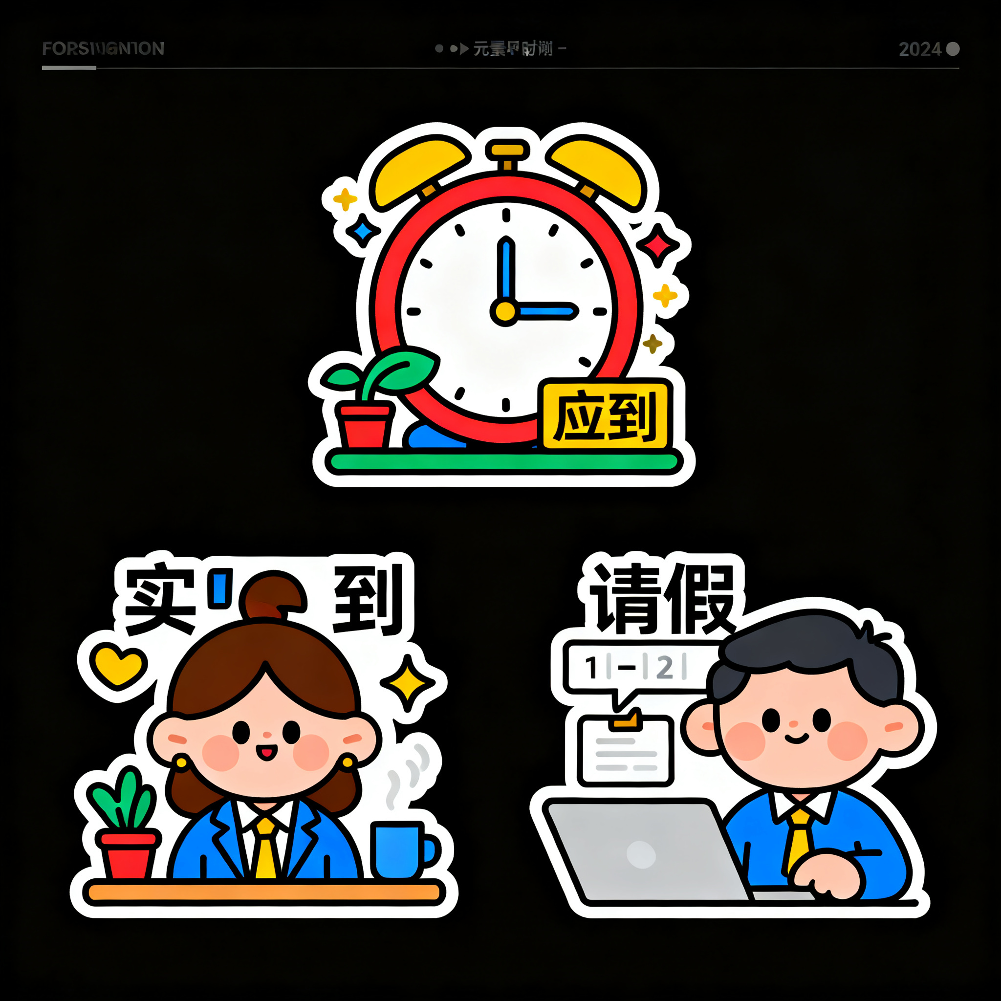卡通风格的考勤主题插画图标，包含“应到”“实到”“请假”三个概… - 图片创意预览