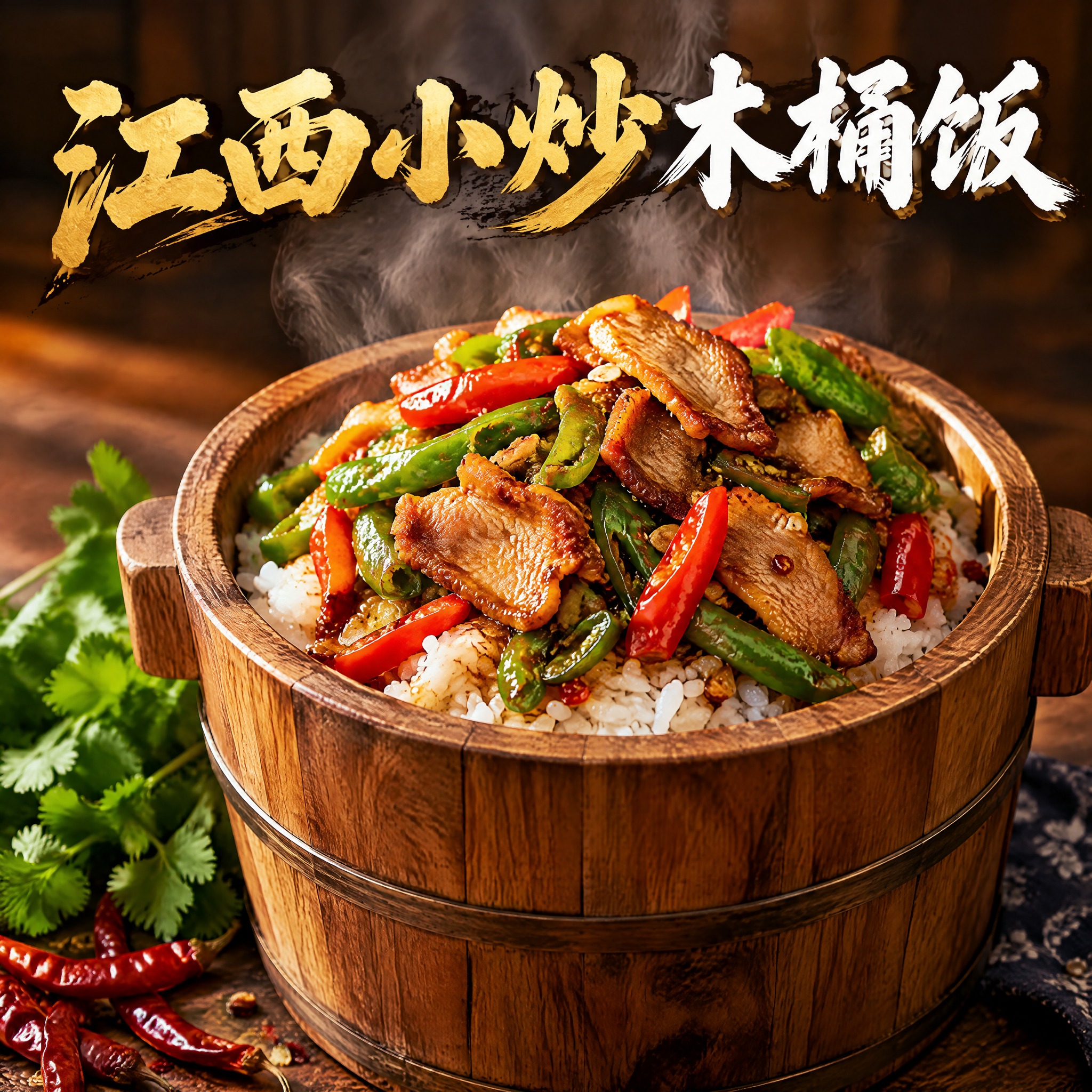 写实美食摄影风格的店铺头像，画面中心是一桶刚出锅的江西小炒木桶… - 图片创意预览