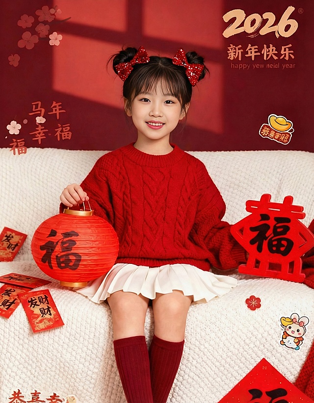 国潮风剪纸元素融合轻拟物设计，红白配色营造喜庆温馨氛围，小女孩手持灯笼与福字，传递甜蜜可爱的新年祝福。