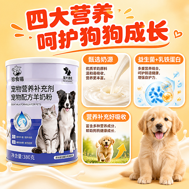 [主图-2] 核心亮点，多效营养配方优势，卖点导图式。
[统一基调] 拼多多风格，大字直白、性价比感、亲和可爱；主背景暖黄+浅橙渐变，辅助色奶白色，强调色深橙红，卡片为白色圆角卡片，标题用圆润粗体大字，整体明亮温暖有食欲感。
[画面] 产品罐（珍食猫宠物配方羊奶粉，380克）位于画面左侧，占画面约40%，罐体正面展示；右侧和下方分布三个白色圆角功能卡片，每个卡片内有真实小图和文字说明；画面右下角有一只可爱的金毛幼犬（浅金色毛发，坐姿，眼神温顺），狗狗看向观众，表情健康活泼；背景暖黄色渐变，有淡淡的羊奶流动波纹装饰。
[光影质感] 商业摄影质感，自然柔光，罐体有真实质感，狗狗毛发蓬松有层次，整体明亮温暖。
[配色] 主背景暖黄渐变，辅助色奶白，强调色深橙红，白色圆角卡片带浅橙色细边框，标题字深橙红色，说明字深棕色。
[文字版式] 顶部大标题："四大营养 呵护狗狗成长"，圆润粗体深橙红色；三个圆角卡片分别是：卡片1（左上）："甄选奶源"配羊奶流动图；卡片2（右上）："益生菌+乳铁蛋白"配益生菌微观示意图；卡片3（下方）："营养补充好吸收"配狗狗健康成长图；每个卡片标题字大，说明字小。文字放在负空间，不遮挡产品和狗狗。
[输出要求] 1:1比例，2048*2048，文字清晰可读，产品清晰完整；禁止出现猫、禁止变形、错字、模糊、杂乱、水印、平台Logo、禁止医疗功效宣称、禁止绝对化用语。