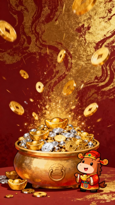 八方来财，画面中间是一个大大的聚宝盆，里面堆满了金银珠宝，金子从四面八方聚集到聚宝盆中，聚宝盆边有只小小的穿着财神服装的卡通拟人小马，背景是深红带有金色纹理预览效果