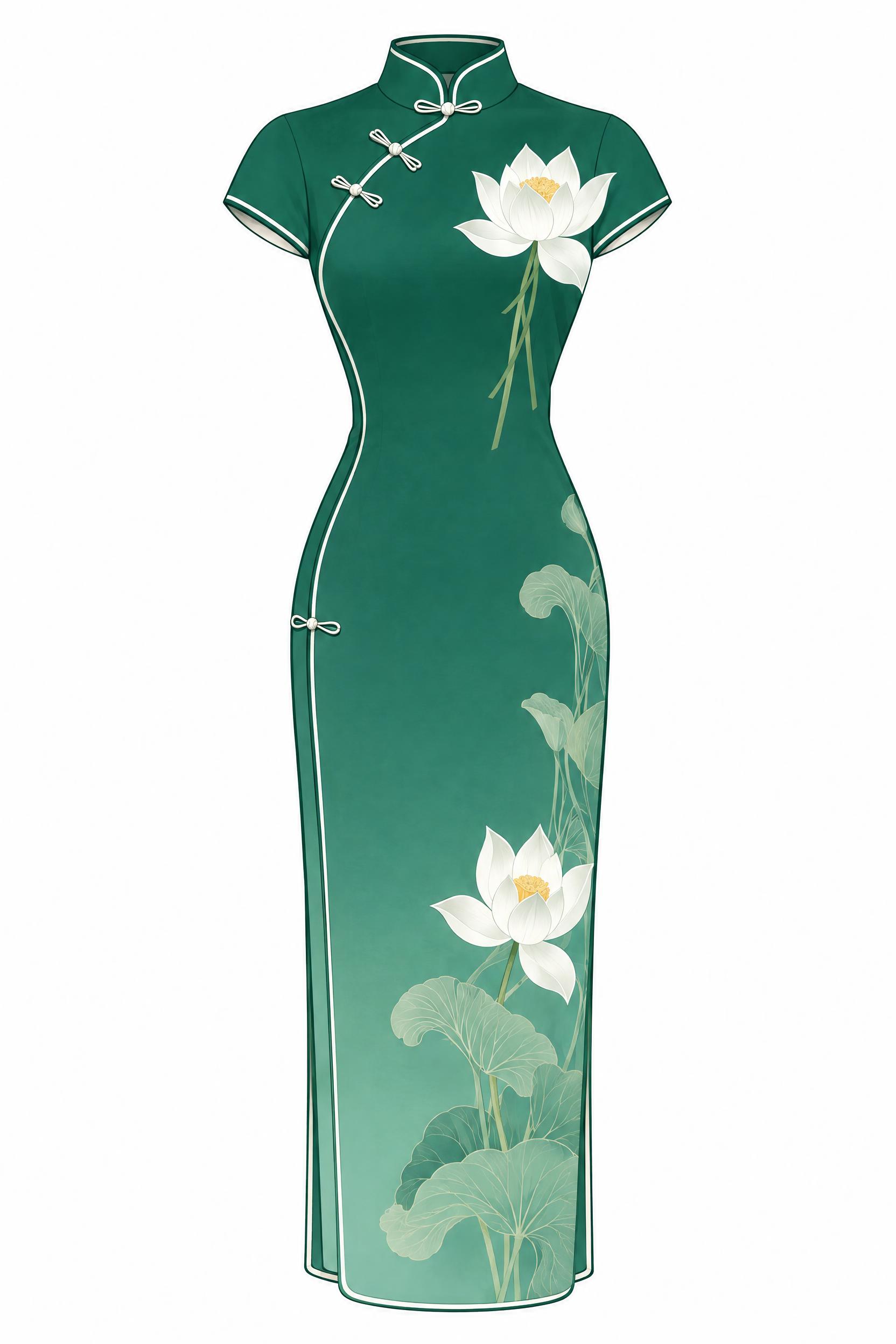 民国风扁平插画风格，墨绿色渐变旗袍服饰单品展示，旗袍上有白色莲… - 图片创意预览