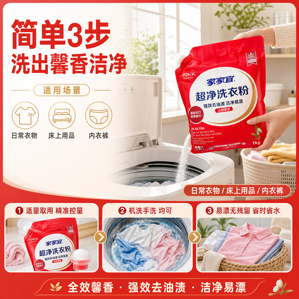 [商品] 使用【图1】家家宜超净洗衣粉1kg红色袋装；保留红色… - 图片创意预览