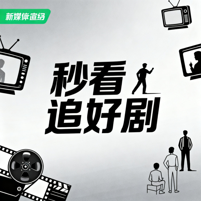 一张现代风格的新媒体宣传海报，画面有醒目的艺术字"秒看追好剧"，搭配流行的影视元素，背景简洁高级，整体风格时尚吸引眼球，2K分辨率预览效果
