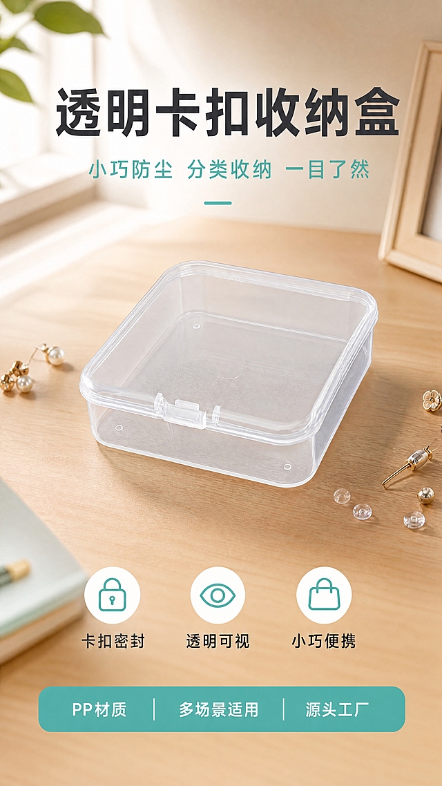 [详情页第1张] 透明方形卡扣收纳盒头图海报。本张使用【图1】作为产品主体。
[氛围/风格] 清新简约收纳风，干净明亮，商业摄影质感，1688工厂直供调性，真实美观有吸引力。
[元素布局] 透明方形卡扣收纳盒置于画面中心偏下，占比约45%，45°微俯视角度，盒盖闭合卡扣朝前；产品为透明PP材质，方形圆角，外观结构与输入图完全一致；背景为浅米色+原木色桌面的温馨家居场景，桌面上散落少量耳钉、小零件等暗示收纳需求；左上角有柔和自然光射入；前景有轻微虚化的桌面小物增加层次感。
[光影质感] 左上方柔和自然光，盒体通透有高光折射，桌面有自然柔和投影，透明材质质感真实，整体明亮温馨。
[配色色系] 全局底色浅米色#FAF8F5渐变；主色薄荷绿#4ECDC4；辅助色白色、深灰文字、原木色桌面。
[视角构图] 正面微俯视，中心构图，阅读动线从上到下：标题→产品→底部卖点。
[文字版式] 顶部大标题「透明卡扣收纳盒」大号粗黑体深灰色；副标题「小巧防尘 分类收纳 一目了然」薄荷绿色；产品下方三个圆形图标+文字横排：「卡扣密封」「透明可视」「小巧便携」；底部信息条写「PP材质 多场景适用 源头工厂」。
[比例分辨率] 9:16竖版比例，4K分辨率，文字清晰可辨，高清画质。
[负向提示词] 变形，水印，文字错乱，结构错误，颜色偏差，产品模糊，背景杂乱，尺寸标注错误。
