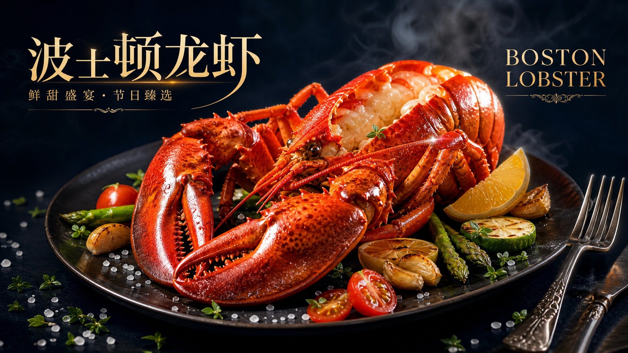 商业美食摄影海报，画面中心是一只色泽红亮的波士顿龙虾，龙虾壳光… - 图片创意预览