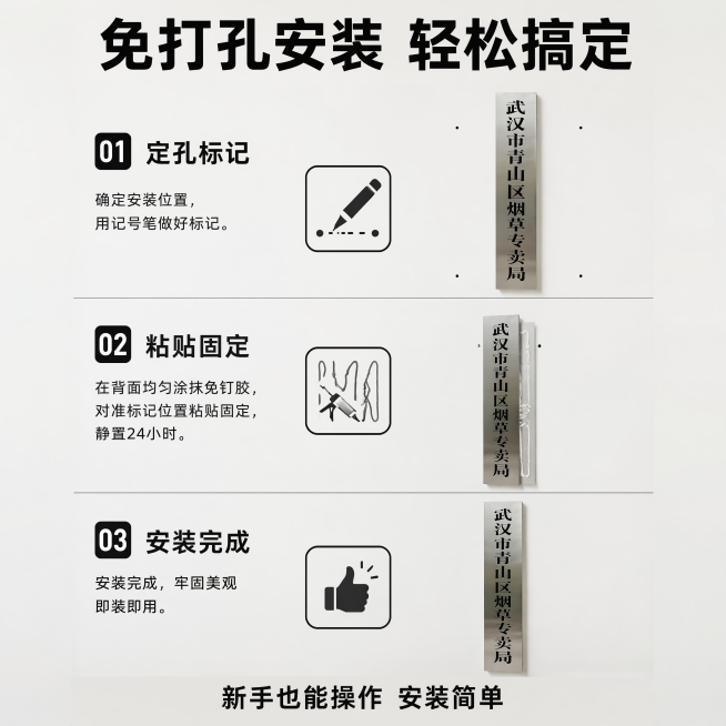 [主图-4] 定制招牌安装优势卖点图。浅白色干净背景，居中完整展示招牌产品。保持产品外观材质颜色与原图一致。文字版式：顶部大标题“免打孔安装 轻松搞定”黑色粗体大字。画面分三部分从上到下展示：第一步标预览效果