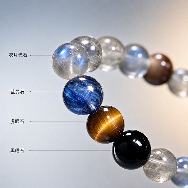 [主图-2] 材质工艺展示，多宝水晶手链珠子细节特写，纯色渐变背景。
[统一基调] 精致高级珠宝摄影风格，莫兰迪灰蓝到香槟金的柔和渐变背景，整体色调温润通透，光影柔和，突出水晶珠体的通透质感与光泽。
[画面] 手链局部放大特写，聚焦展示3-4颗代表性珠子的细节：一颗灰月光石展现银蓝晕彩效应，一颗蓝晶石展现深蓝色内部纹理，一颗虎眼石展现金色猫眼丝绢光泽，一颗黑曜石展现亮黑镜面反光。微距视角，珠子占画面约70%，珠体表面极致干净，每一道纹理、每一处包裹体都清晰可见。串珠的弹力线在珠子孔道处自然隐形。背景为浅灰蓝到浅灰的柔和渐变。
[光影质感] 窄条轮廓光勾勒珠子边缘，柔光箱主光塑造珠体圆润立体感，表面高光细腻不刺眼，水晶内部光线折射自然真实。珠宝级精修，无灰尘、无指纹、无划痕。
[配色] 背景浅灰蓝渐变，珠体保持原有色彩，高光处有柔和的冷白色反光。
[文字版式] 画面左下角有竖排小字标注，从上到下依次是"灰月光石""蓝晶石""虎眼石""黑曜石"，用细引线指向对应珠子，字色为深灰色，字号小巧精致。
[输出要求] 1:1正方形比例，2K高清，珠子细节极致清晰，材质质感真实，文字标注清晰，无变形、错字、模糊、杂乱、水印、平台Logo。