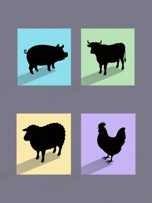 系列素材集合，规整排布，四个完全不同元素内容，每个元素均为简洁动物剪影风格，带有细微灰色投影，纯色背景，整体色彩变换，保持元素类目，风格统一，第一个元素为黑色猪剪影配浅蓝背景，第二个为黑色牛剪影配浅绿背景，第三个为黑色羊剪影配浅黄背景，第四个为黑色鸡剪影配浅紫背景，元素大小一致，等距排列，画面简洁明快，视觉层级清晰。预览效果
