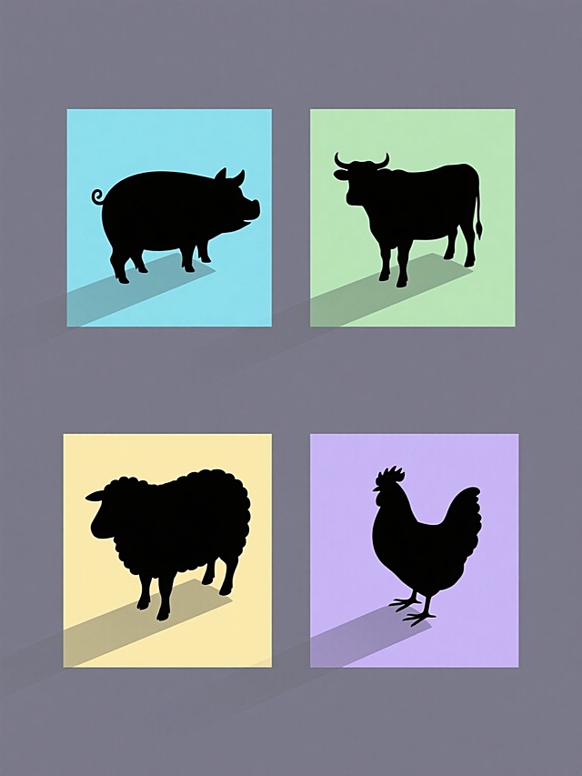 系列素材集合，规整排布，四个完全不同元素内容，每个元素均为简洁动物剪影风格，带有细微灰色投影，纯色背景，整体色彩变换，保持元素类目，风格统一，第一个元素为黑色猪剪影配浅蓝背景，第二个为黑色牛剪影配浅绿背景，第三个为黑色羊剪影配浅黄背景，第四个为黑色鸡剪影配浅紫背景，元素大小一致，等距排列，画面简洁明快，视觉层级清晰。