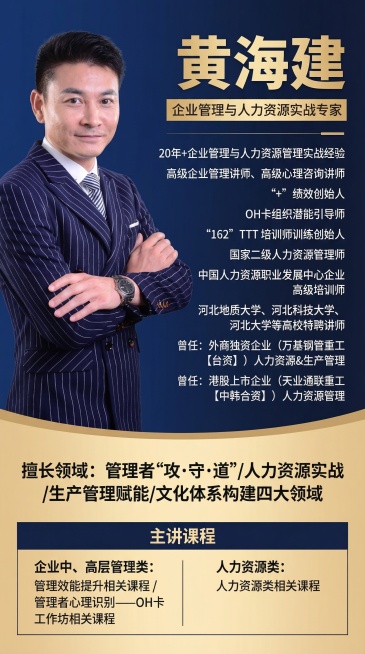 专业商务风格人力资源实战专家讲师介绍海报，左侧放置提供的男士正装肖像照，右侧排版文字内容：顶部为姓名“黄海建”及头衔“企业管理与人力资源实战专家”，依次排列“20年+企业管理与人力资源管理实战经验”“预览效果