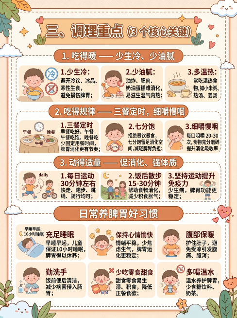和参考图一致的温馨可爱插画风，育儿知识科普海报，标题：三、调理重点（3 个核心关键），内容分部分展示：1. 吃得暖 —— 少生冷、少油腻：少生冷：避开冷饮、冰品、寒性生食，避免损伤脾胃；少油腻：油炸、预览效果