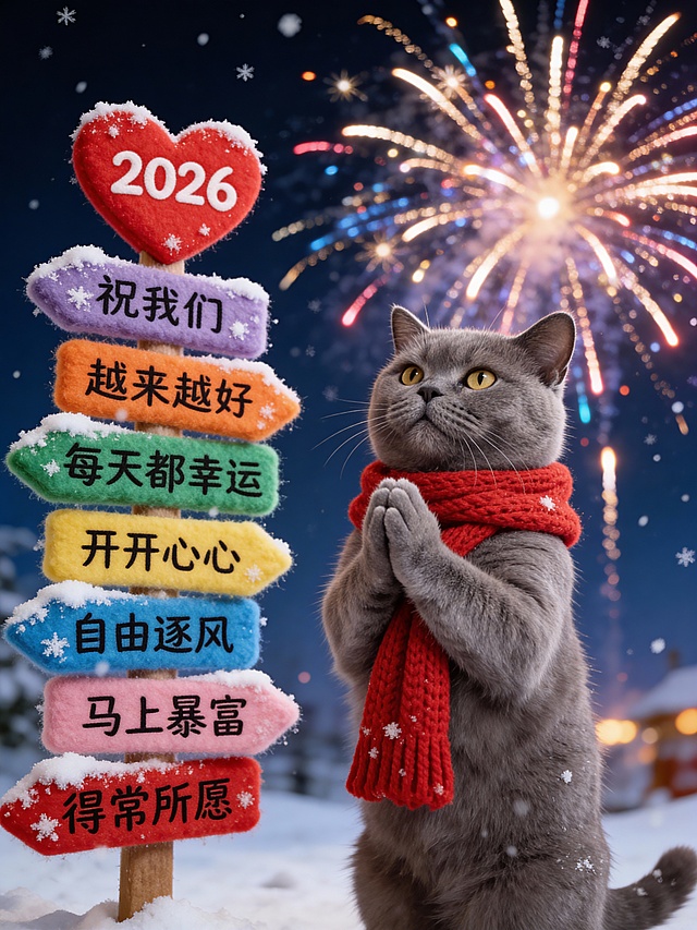 图中宠物围红色针织围巾，直立起身，双爪交握似祈福，表情虔诚
左边有彩色毛绒指示牌（顶部红心形写“2026”，往下依次写有文案“祝我们”“越来越好”“每天都幸运”“开开心心”“自由逐风”“马上暴富”“得常所愿”牌面落雪）；背景是夜空有绚丽的烟花；整体氛围热闹，充满新年的美好祝愿与烟花浪漫氛围，整体构图比例合理