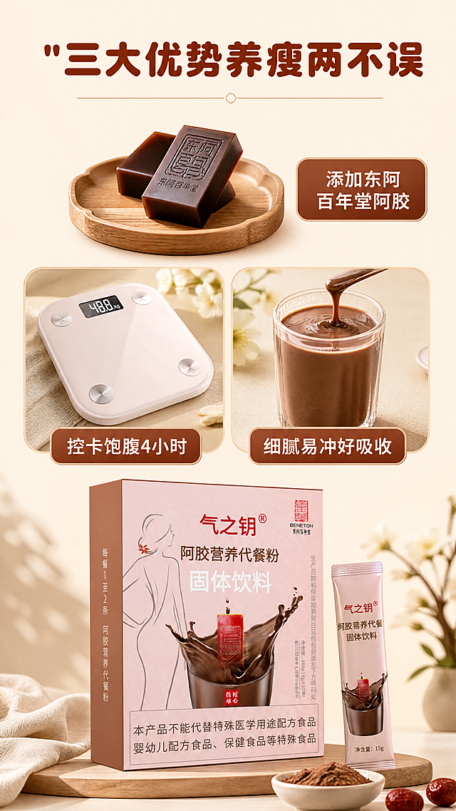 [第2屏] 气之钥阿胶营养代餐粉核心卖点展示，突出产品三大核心优势。
[氛围/风格] 暖调养生风格，高饱和亲和力，柔光自然光，温馨清晰，商业摄影质感。
[元素布局] 使用【图1】作为产品参考，展示三大核心优势，整体布局为顶部标题，中部三点分区展示。画面顶部居中放置大标题，中部上区域展示阿胶块原料，中部左侧区域展示体重秤元素，中部右侧区域展示冲调杯元素，产品信息自然融入，保持风格统一。所有产品细节和颜色与输入图保持一致。
[光影质感] 整体柔光自然光，光线均匀明亮，各分区元素明暗层次清晰，阴影柔和，整体通透自然，食品质感真实。
[配色色系] 全局底色：#F8F0E3（暖米黄）；主体配色：保持产品原色；强调色：#8B4513（红棕色）；文字保持红棕色，纯色填充，延续首屏字体风格。
[视角构图] 正面平视，三分构图，从上到下信息层级清晰，符合移动端从上到下阅读顺序。
[文字版式] 延续首屏字体规则：粗圆润体标题，中等圆润无衬线体正文，全部文字红棕色纯色填充。主标题:"三大优势养瘦两不误"，排版为画面顶部居中，大号字体加粗。三个卖点标签分别为："添加东阿百年堂阿胶"（指向顶部阿胶块），"控卡饱腹4小时"（指向左侧体重秤），"细腻易冲好吸收"（指向右侧冲调杯），样式均为圆角红棕徽章，浅色文字，每个标签放置对应元素旁，清晰不遮挡主体。
[比例分辨率] 9:16竖版比例，4K分辨率，文字清晰可辨。
[负向提示词] 产品变形，包装文字错乱，缺件错件，颜色偏差，水印，文字模糊，背景杂乱，极限词，虚假宣传，第三方导流信息，结构错误，违规内容。