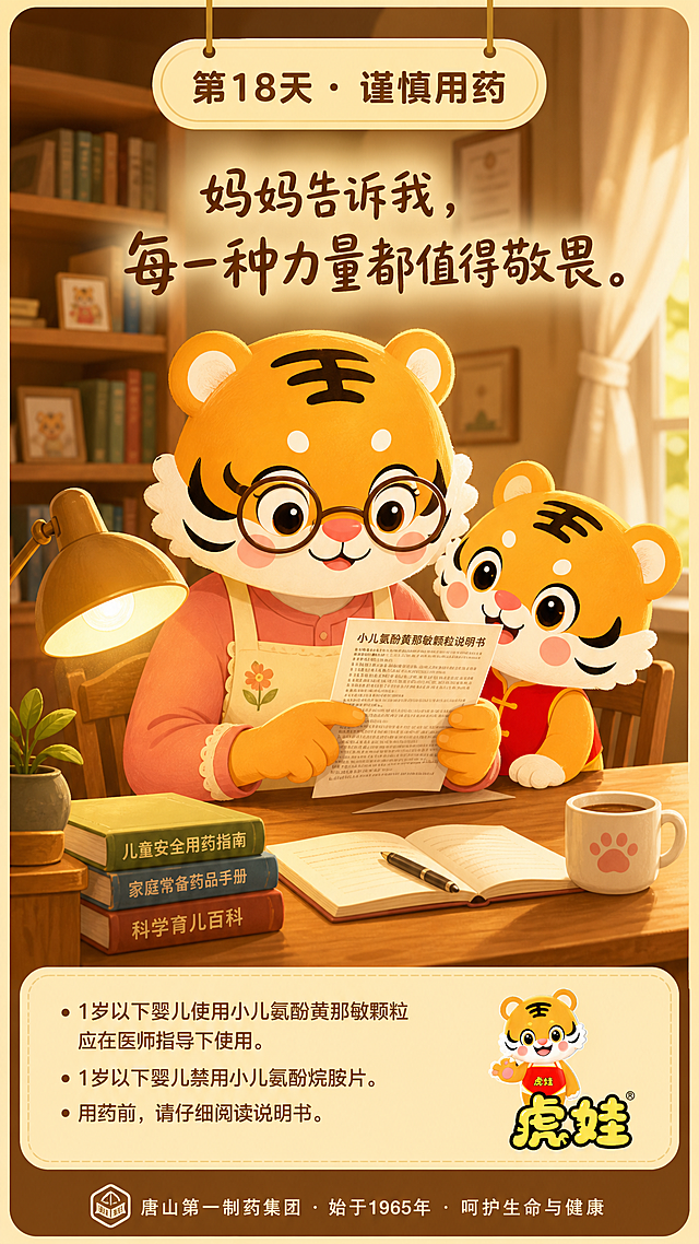 朋友圈每日一签海报，9:16竖版。以参考图中的虎娃IP形象为基础，画面中虎妈（温柔的成年母老虎形象，穿着围裙）正坐在木桌旁，戴着眼镜，非常仔细地阅读虎爸信上的小字说明，表情认真严谨，手指着信上的文字逐行阅读。虎娃站在妈妈身边，好奇地探着头看。桌上放着一盏温暖的台灯。背景是温馨的家中书房。顶部圆角日签标签：'第18天 · 谨慎用药'。中部旁白：'妈妈告诉我，每一种力量都值得敬畏。' 底部产品文案：'1岁以下婴儿使用小儿氨酚黄那敏颗粒应在医师指导下使用。1岁以下婴儿禁用小儿氨酚烷胺片。用药前，请仔细阅读说明书。' 右下角虎娃品牌logo。最底部企业落款：'唐山第一制药集团 · 始于1965年 · 呵护生命与健康'。儿童绘本风格，暖黄室内调，严谨温馨的母爱氛围。