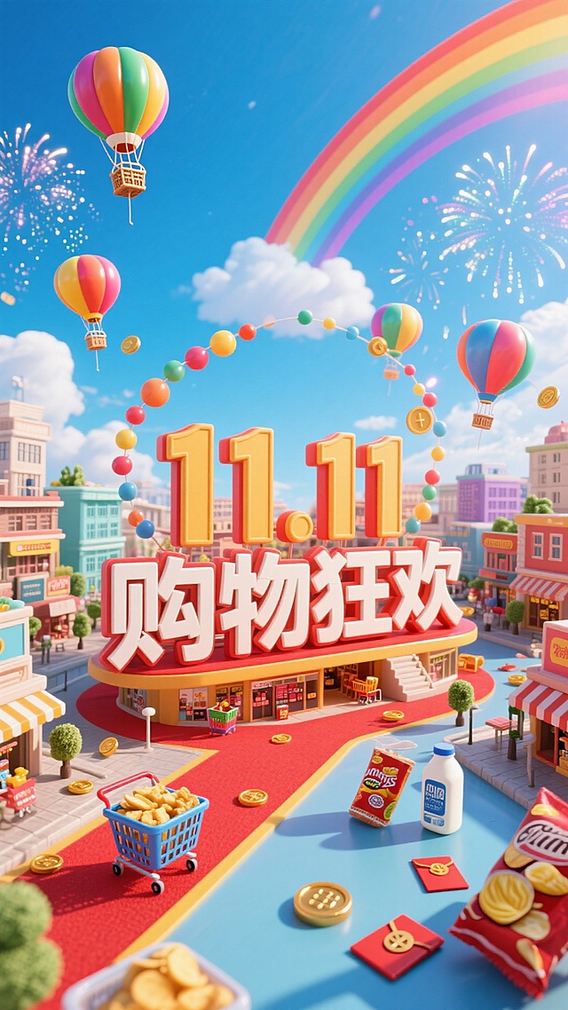 奇幻购物都市场景：以巨型 “11.11 购物狂欢” 立体字为视觉核心，热气球绕着文字飞过，背景是蓝天白云与烟花。场景中融入购物建筑、彩虹、红地毯，散落购物篮、商品（薯片、牛奶等）、红包、金币