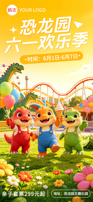 六一儿童节恐龙主题乐园节日营销童趣风手机全屏竖版海报预览效果