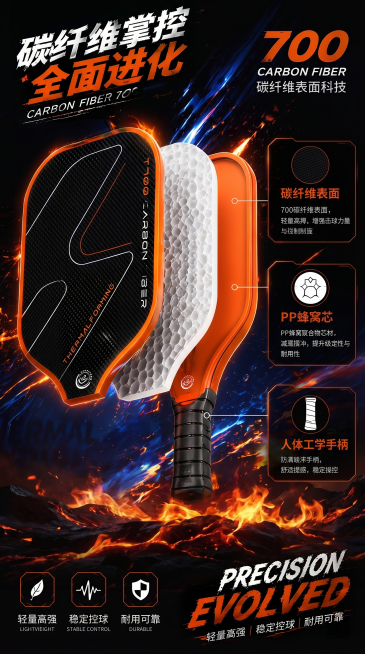 匹克球拍电商详情页，产品结构卖点拆解图，使用原图片中的橙黑碳纤维匹克球拍，拆分展示碳纤维表面、PP蜂窝芯、人体工学手柄三个核心卖点，保持黑橙酷炫电竞风格，带有火焰光效背景，排版为竖版详情页格式预览效果