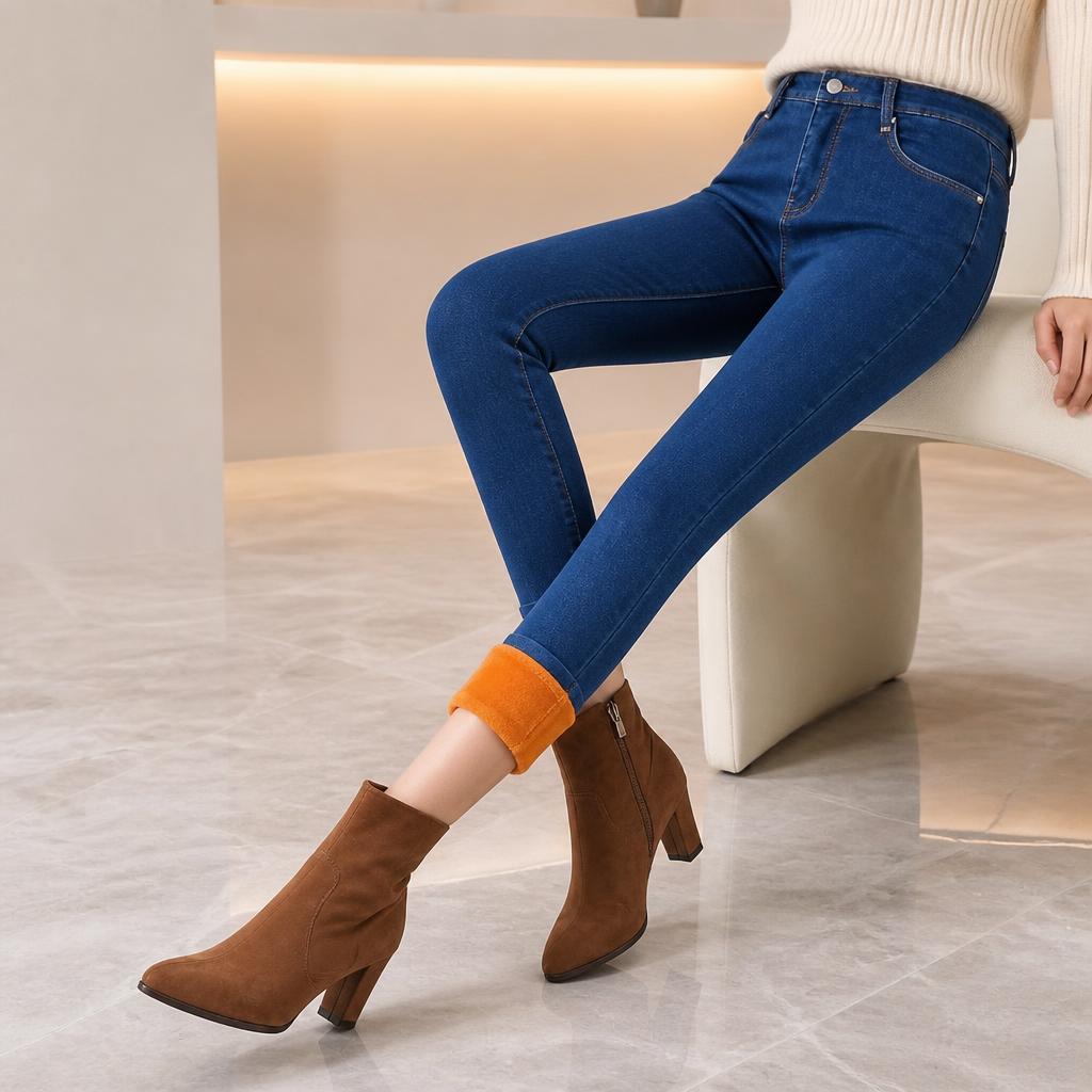 参考图中深蓝色小脚牛仔裤、米白色高领针织毛衣、棕色麂皮短靴的搭… - 图片创意预览