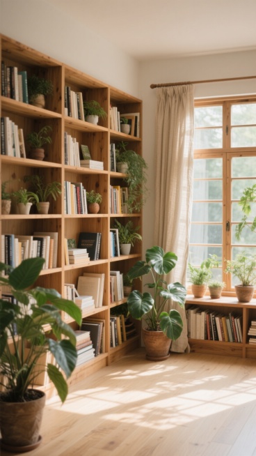 温馨明亮的书房背景，原木色实木书架占据墙面，摆满各类书籍与小型绿植摆件，窗前垂落浅色亚麻窗帘，阳光透过多格玻璃窗洒入室内，在浅色木地板上形成斑驳光影，窗边及书架角落摆放多盆大型绿植增添生机，整体风格自然质朴，光线柔和温暖，营造宁静舒适的阅读氛围，木质纹理清晰可见，空间布局通透宽敞。预览效果