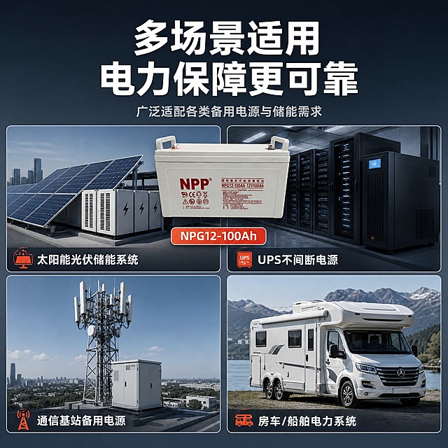[主图-4] 场景适用 展示蓄电池多领域应用场景 解决能用在哪的问题
[统一基调] 京东平台品质稳重风 工业专业感 文字占比<30% 一图一重点 背景主色深蓝灰渐变 标题字色白色 辅助字色浅灰 强调色橙红色 字体为粗黑无衬线体 字号层级分明 卡片用细描边半透明深色底板 整体简洁稳重不花哨
[画面] 画面上方为标题区 下方为4宫格应用场景图 每格一个应用场景小图 配场景名称标签 4个场景分别为 太阳能光伏储能系统 UPS不间断电源 通信基站备用电源 房车/船舶电力系统 每个场景图为简洁工业风插画或实拍风格 画面中心偏上位置悬浮一个小型蓄电池产品图 作为核心产品贯穿 产品占比约20% 不遮挡场景内容
[光影质感] 整体商业设计质感 产品图保持实拍光影 场景图风格统一为工业蓝灰色调 光线均匀 4宫格之间有细微分隔线 整体干净整洁 产品悬浮有柔和阴影
[配色] 深蓝灰渐变背景 白色大标题 浅灰场景标签 橙红色场景图标点缀 产品保持原色 4宫格场景图以蓝灰色为主色调 统一协调
[文字版式] 顶部大标题 多场景适用 电力保障更可靠 大标题下方一行小字 广泛适配各类备用电源与储能需求 下方4宫格 2行2列 每格底部有场景名称标签 太阳能储能 UPS备用 通信基站 房车船舶 中心悬浮产品图旁有小标签 NPG12-100Ah 字体统一粗黑无衬线体 大标题最大 场景标签适中 说明文字最小
[输出要求] 1:1比例 2048px 产品清晰不变形 场景图风格统一 文字清晰可读 无京东平台Logo 无水印 无杂乱元素 无极限词 产品外观与输入图一致 场景为真实应用领域不虚构